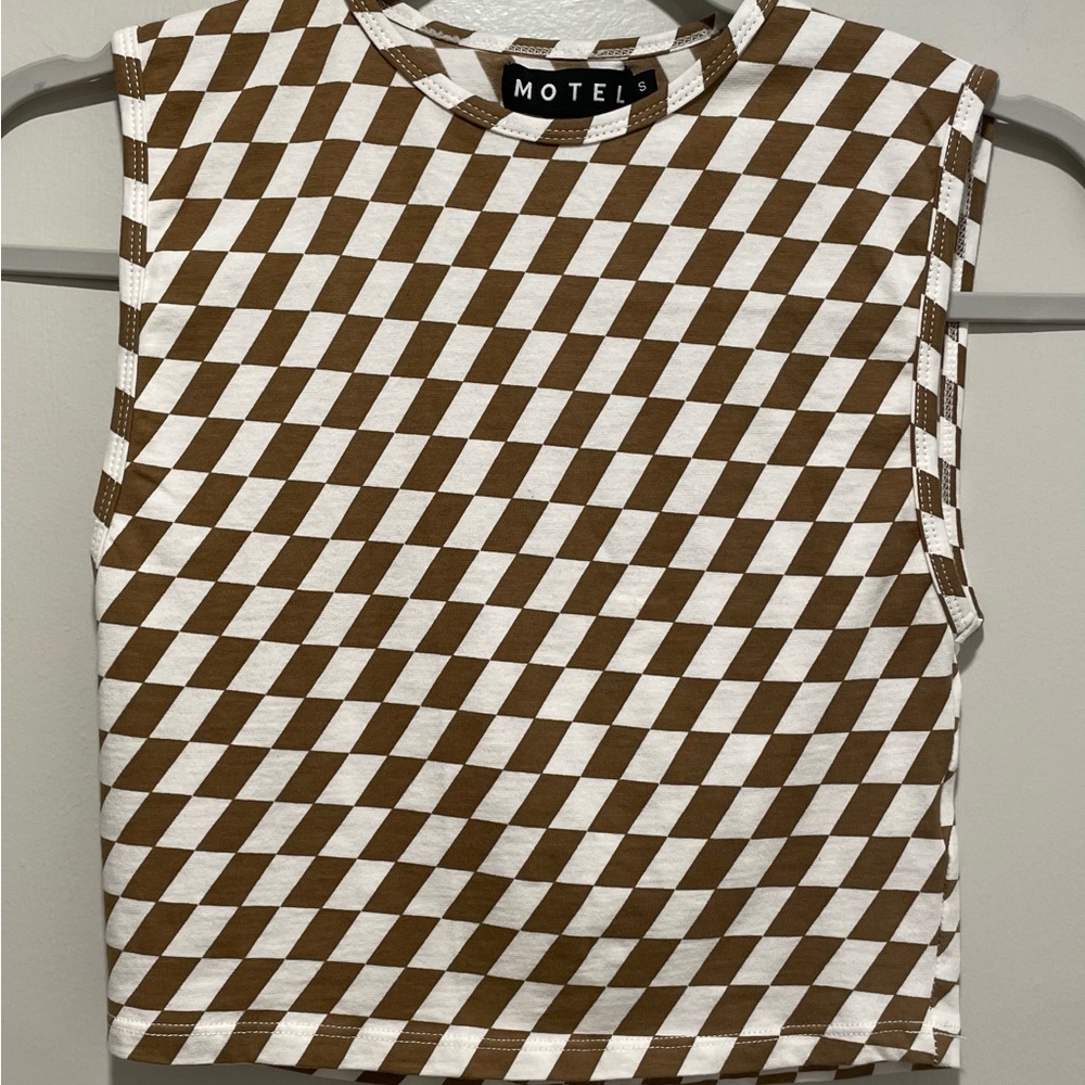 MOTEL Rocks Gimon Brown & White Checkered Crop Tank Top - S - Picture 5 of 11